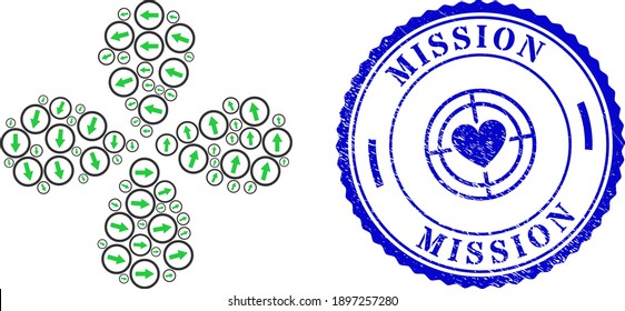 Rounded up arrow twirl fireworks, and blue round MISSION unclean stamp print with icon inside. Element flower with 4 petals created from oriented rounded up arrow symbols.