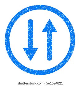 Rounded Arrows Exchange Vertical rubber seal stamp watermark. Icon symbol inside circle with grunge design and dust texture. Unclean vector blue emblem.