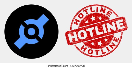 Rounded artificial joint icon and Hotline watermark. Red rounded grunge watermark with Hotline text. Blue artificial joint icon on black circle. Vector combination for artificial joint in flat style.