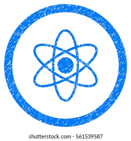 Rounded Atom rubber seal stamp watermark. Icon symbol inside circle with grunge design and unclean texture. Unclean vector blue sign.