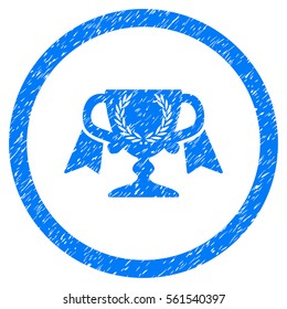 Rounded Award Cup rubber seal stamp watermark. Icon symbol inside circle with grunge design and scratched texture. Unclean vector blue emblem.