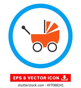 Rounded Baby Carriage EPS vector pictograph. Illustration style is flat icon symbol inside a blue circle.
