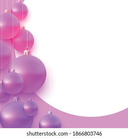 Rounded background with pink christmas tree balls hanging on strings. Space for text. Vector holiday illustration.