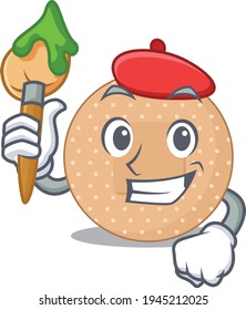 Rounded bandage artist cartoon picture style paint a landscape using a brush. Vector illustration