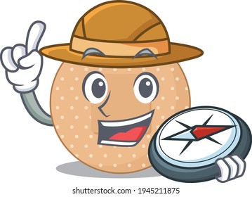 Rounded bandage mascot design style of explorer using a compass during the journey. Vector illustration