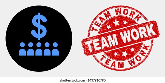 Rounded bank clients icon and Team Work seal stamp. Red rounded grunge seal stamp with Team Work caption. Blue bank clients symbol on black circle. Vector combination for bank clients in flat style.