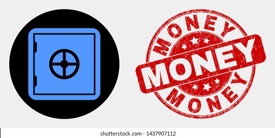 Rounded banking safe icon and Money seal. Red rounded scratched seal stamp with Money caption. Blue banking safe icon on black circle. Vector composition for banking safe in flat style.