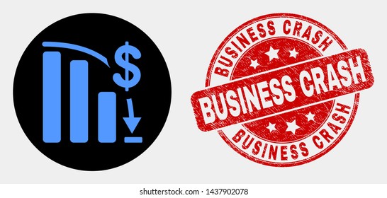 Rounded bankruptcy bar chart icon and Business Crash seal. Red rounded grunge watermark with Business Crash text. Blue bankruptcy bar chart icon on black circle.