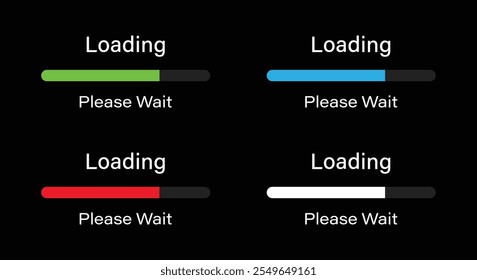 Rounded bar loading please wait symbol icon set in four different colors- Green, Blue, Red and White. Loading 70 percent please wait progress bar infographics vector isolated for dark mode.