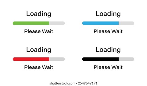 Rounded bar loading please wait symbol icon set in four different colors- Green, Blue, Red and Black. Loading 70 percent please wait progress bar infographics vector isolated on a white background.