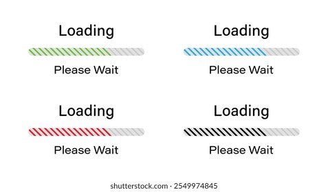 Rounded bar loading with tilted lines please wait symbol icon set in green, blue, red and black color. Loading 70 percent please wait progress bar infographics for light mode interface.