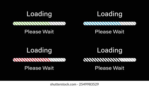 Rounded bar loading with tilted lines please wait symbol icon set in green, blue, red and black color. Loading 70 percent please wait progress bar infographics for dark mode interface.