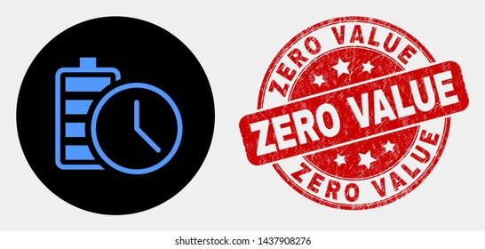 Rounded battery charge time pictogram and Zero Value seal stamp. Red rounded textured seal stamp with Zero Value caption. Blue battery charge time icon on black circle.