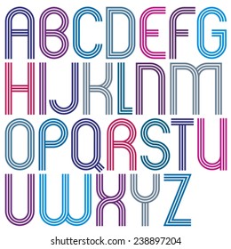 Rounded big jolly parallel cartoon uppercase letters, colorful font with triple lines on white background.