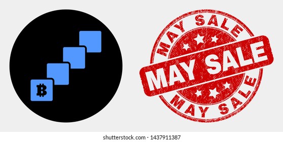 Rounded bitcoin blockchain icon and May Sale seal stamp. Red rounded grunge seal with May Sale text. Blue bitcoin blockchain icon on black circle.