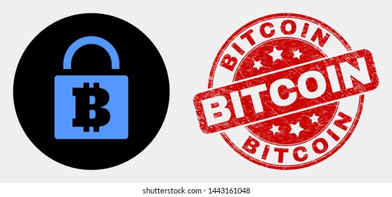 Rounded bitcoin lock icon and Bitcoin seal. Red rounded textured seal with Bitcoin caption. Blue bitcoin lock icon on black circle. Vector combination in flat style.