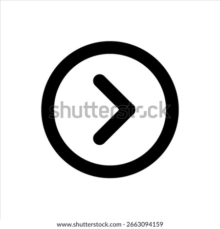 Rounded black arrow pointing right inside a circle on white background. Navigation icon for forward action, UI button, media control, or digital interface design.