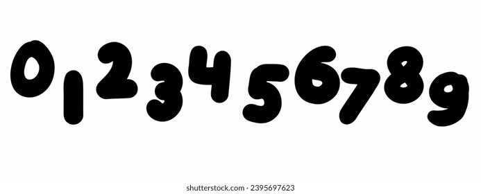 Rounded black digits numbers font from 0 to 9 font collection. Vector illustration in doodle hand drawn style isolated on white background. For sales, logo, price.