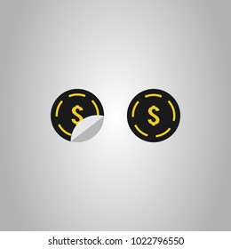 Rounded black dollar stickers with gold symbol and outline on gray gradient background 