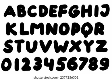 Arrondi noir anglais latin abc police alphabet A à Z et chiffres 0 à 9 ensemble. Illustration vectorielle dans un style dessiné à la main de gribouillage isolé sur fond blanc. Pour les enfants livre, typographie, carte, logo, menu.