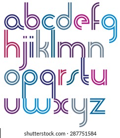 Rounded bold joyful parallel cartoon lowercase letters, colorful font with double stripes on white background.