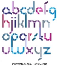 Rounded bold parallel cartoon lowercase letters, colorful font with triple lines on white background.