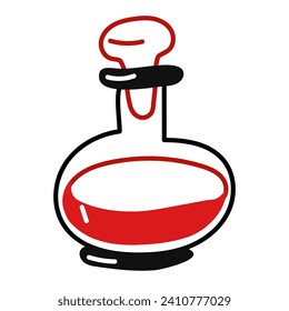 A rounded bottle with a red love potion for Valentine's Day. Isolated vector doodle illustration in red and black colors. A closed bottle of liquid for lovers. Contour, lines