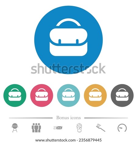 Rounded briefcase flat white icons on round color backgrounds. 6 bonus icons included.
