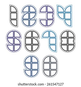 Rounded bright technical numbers created from sections and parts, clear vector industrial numeration with white outline.