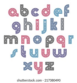 Rounded bright technical small characters created from sections and parts, clear vector industrial font. 