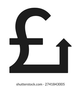 Rounded British pound upward arrow icon. A pointing GBP money symbol with round corners. Isolated on a white background.