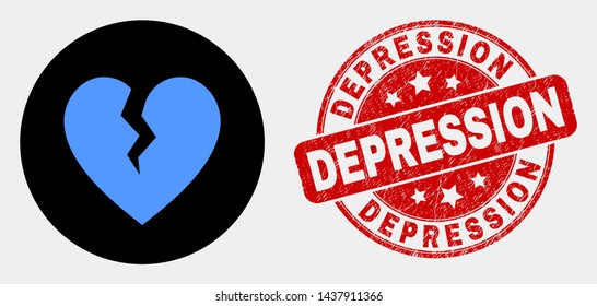 Rounded broken heart icon and Depression stamp. Red rounded distress seal stamp with Depression text. Blue broken heart icon on black circle. Vector composition for broken heart in flat style.