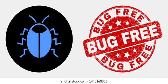 Rounded bug icon and Bug Free stamp. Red rounded distress seal stamp with Bug Free caption. Blue bug icon on black circle. Vector combination in flat style.