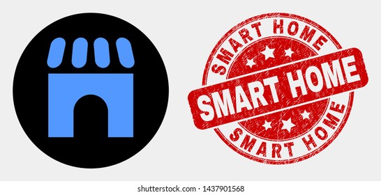 Rounded building icon and Smart Home seal stamp. Red rounded scratched seal with Smart Home caption. Blue building icon on black circle. Vector composition for building in flat style.