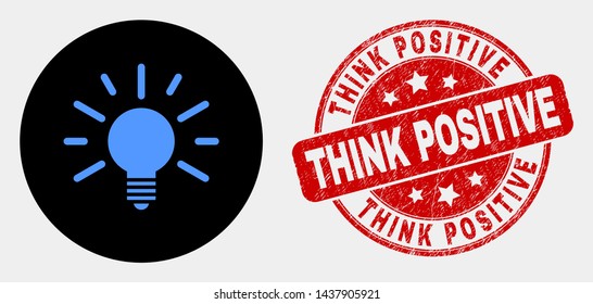 Rounded bulb light icon and Think Positive seal stamp. Red rounded distress watermark with Think Positive text. Blue bulb light icon on black circle. Vector composition for bulb light in flat style.