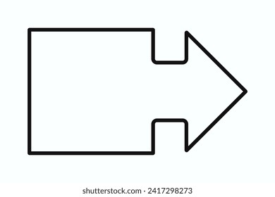 Rounded bullet point square stroke arrow. A black outline marker direction symbol. Isolated on a white background.