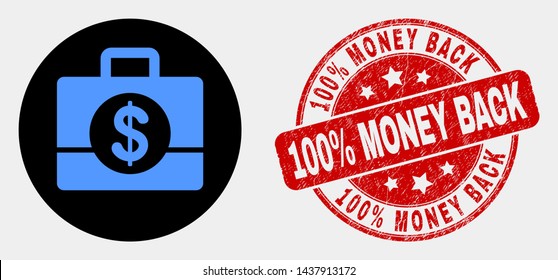Rounded business case icon and 100% Money Back seal stamp. Red round scratched seal with 100% Money Back text. Blue business case icon on black circle.