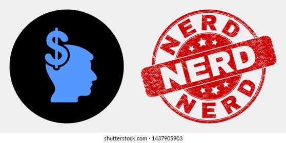 Rounded business thinking icon and Nerd watermark. Red rounded distress watermark with Nerd text. Blue business thinking symbol on black circle. Vector composition for business thinking in flat style.
