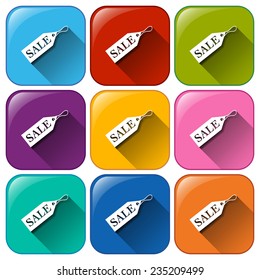 Rounded buttons with sale tags on a white background 