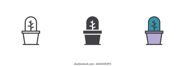 Rounded cactus with spines in a small pot shown in line, solid and filled outline icon styles. Desert plant symbol in a simple icon pack.