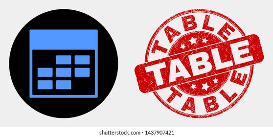 Rounded calendar week items icon and Table stamp. Red rounded distress stamp with Table caption. Blue calendar week items icon on black circle.