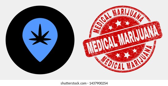 Rounded cannabis map marker icon and Medical Marijuana watermark. Red rounded grunge watermark with Medical Marijuana text. Blue cannabis map marker icon on black circle.