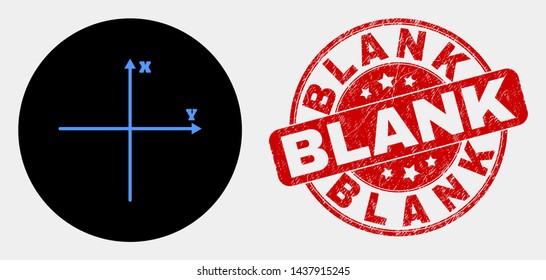 Rounded Cartesian axes icon and Blank watermark. Red rounded scratched watermark with Blank caption. Blue Cartesian axes icon on black circle. Vector composition for Cartesian axes in flat style.