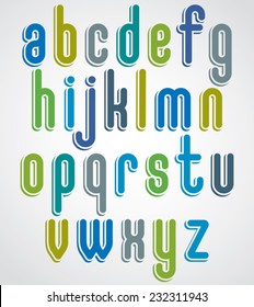 Rounded cartoon colorful lowercase letters with white outline, jolly animated font. 