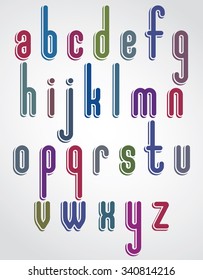 Rounded cartoon colorful lowercase letters with white outline, bright font, alphabet letters from a to z.