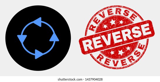 Rounded CCW circulation arrows icon and Reverse stamp. Red rounded scratched seal stamp with Reverse text. Blue CCW circulation arrows icon on black circle.