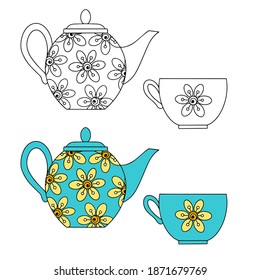 Rounded ceramic teapot and Cup. Color and line drawing on a white background.