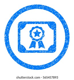 Rounded Certificate rubber seal stamp watermark. Icon symbol inside circle with grunge design and dirty texture. Unclean vector blue emblem.