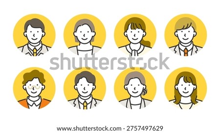 Rounded character badge set capturing the energy of modern workplaces through suited executives and business casual male and female staff illustrated in clean minimal line art