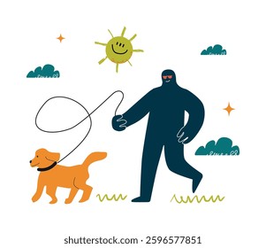 A rounded character walks his dog on a leash. It is surrounded by clouds and a smiling sun. It's a metaphor for enjoyable daily activities.